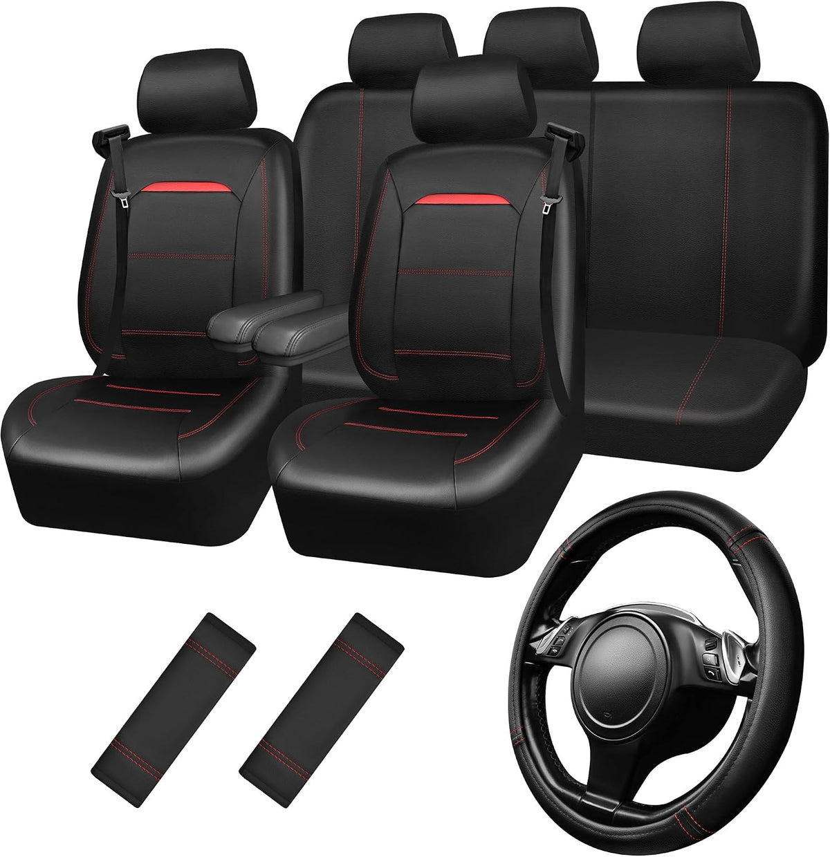 CAR PASS Universal FIT Piping Leather Two Front Seat Covers, Waterproof Faux Leather for SUV Sedan Van Truck, Airbag Compatible,Reserved Opening Holes for Headrest Covers. (Black red)