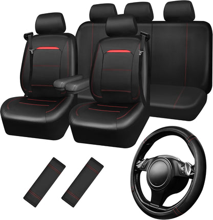 CAR PASS Universal FIT Piping Leather Two Front Seat Covers, Waterproof Faux Leather for SUV Sedan Van Truck, Airbag Compatible,Reserved Opening Holes for Headrest Covers. (Black red)