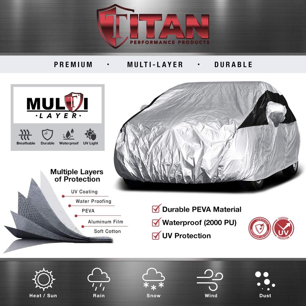 Titan Premium Multi-Layer PEVA Car Cover for Compact SUV 170-187". Waterproof, UV Protection, Anti-Scratch Protective Lining, Driver-Side Zippered Opening. Fits Rav4, Rogue, CR-V and More.