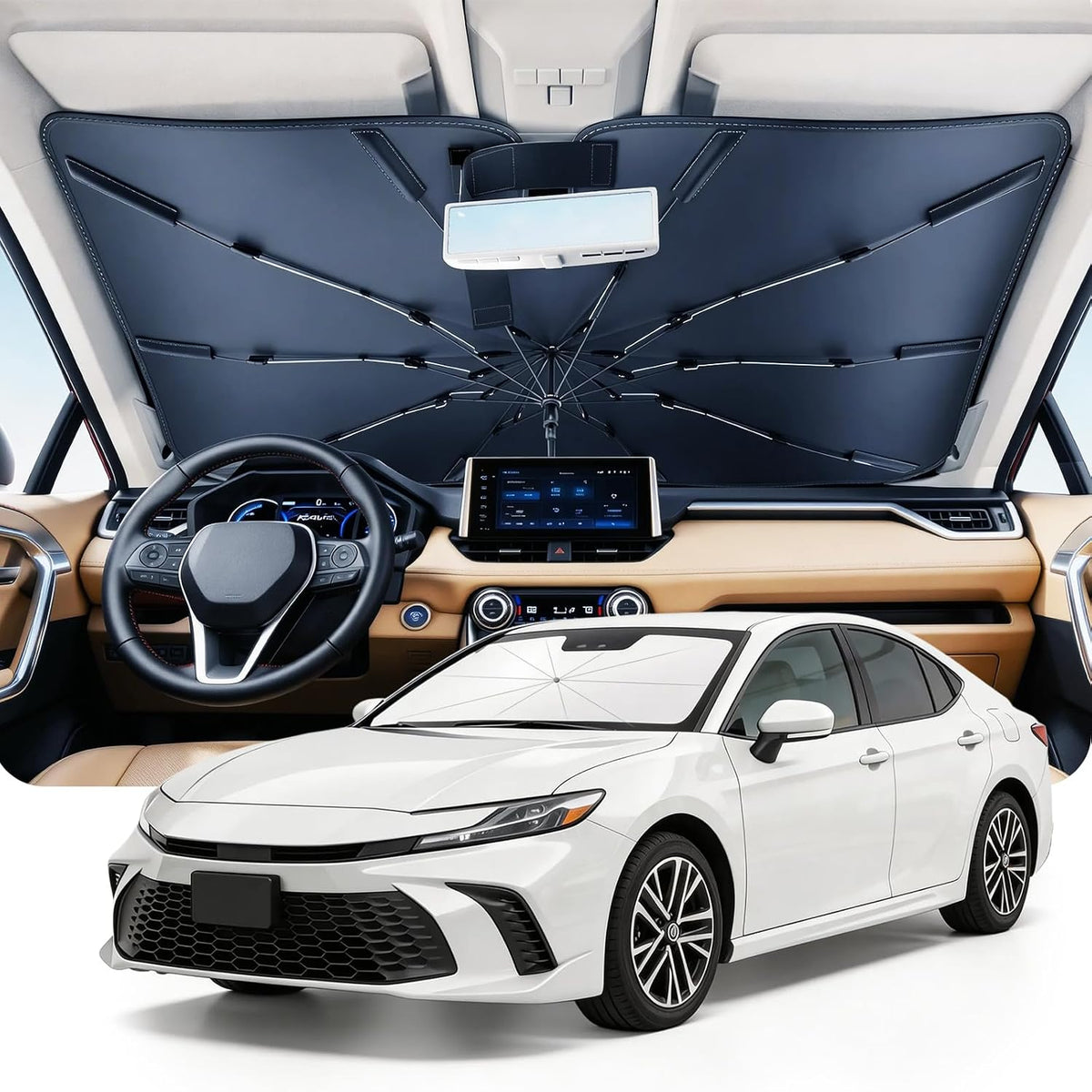 DMJN Umbrella Windshield Sun Shade - Medium, Car Sunshade for Front Windshield [Nano Ice-Crystal Coatings] UPF50+ Heat & UV Block, Protect Interior & Keep Cooler Universal for Car, SUV, Truck