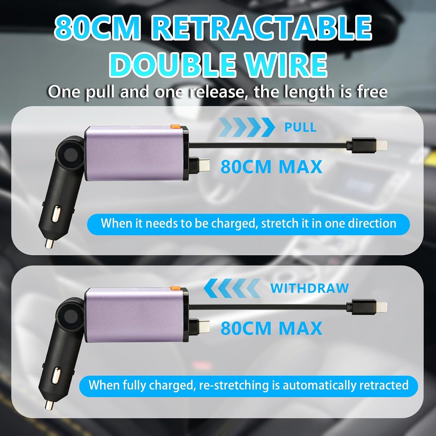 Retractable Car Charger,5 in 1 Fast Cars Phone Charger 60w,Bluetooth 5.3 FM Transmitter Adapter,Handsfree Call,MP3 Player,2 Retractable Cables and USB Chargers, for Phone,Galaxy,Pixel (Black)