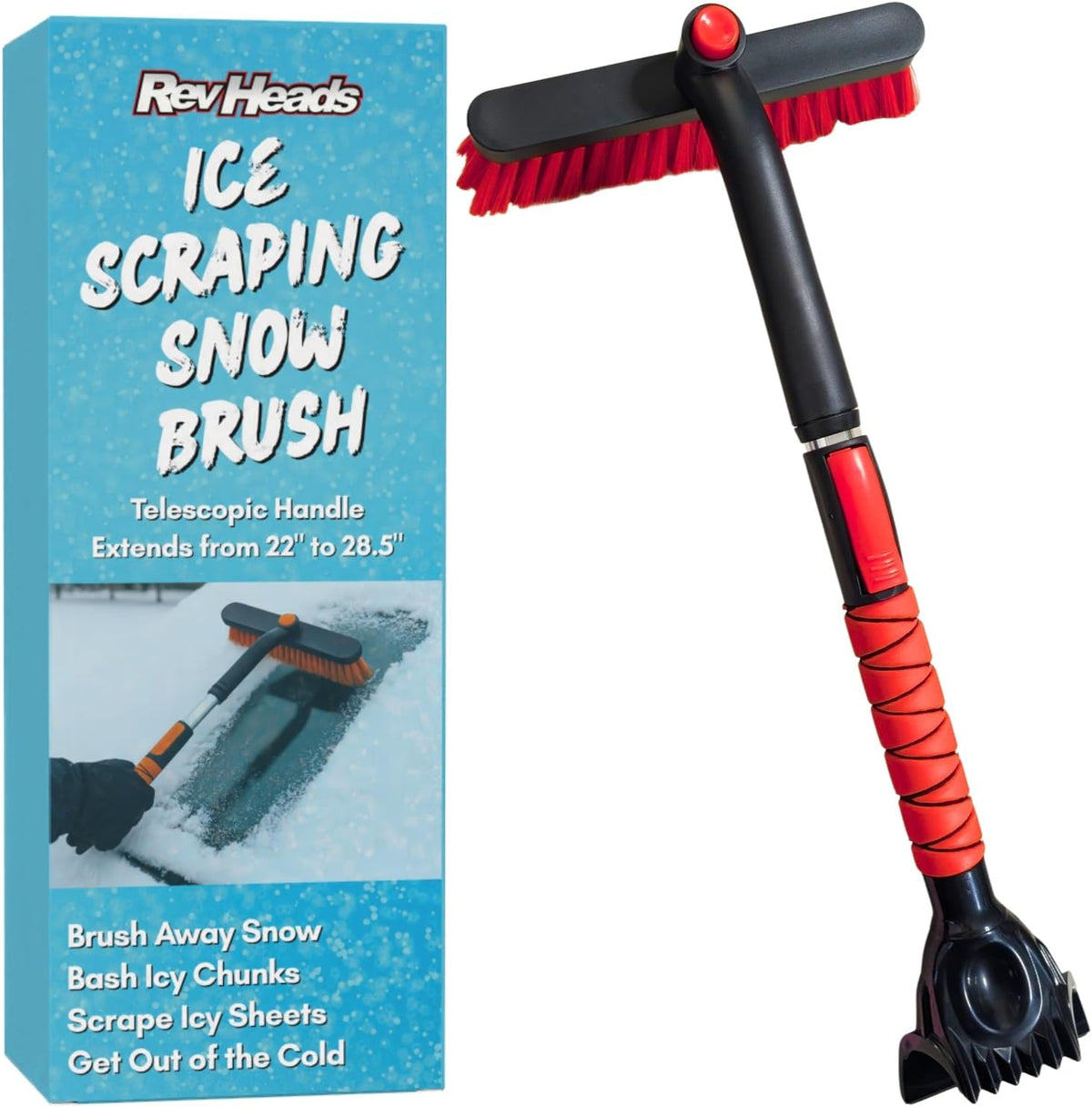 RevHeads Ice Scraper for Car Windshield with Snow Brush - Telescopic Handle to 28" - Brush End to Clear Snow, Chisel Side for Frost, Claw Side for ICY Chunks