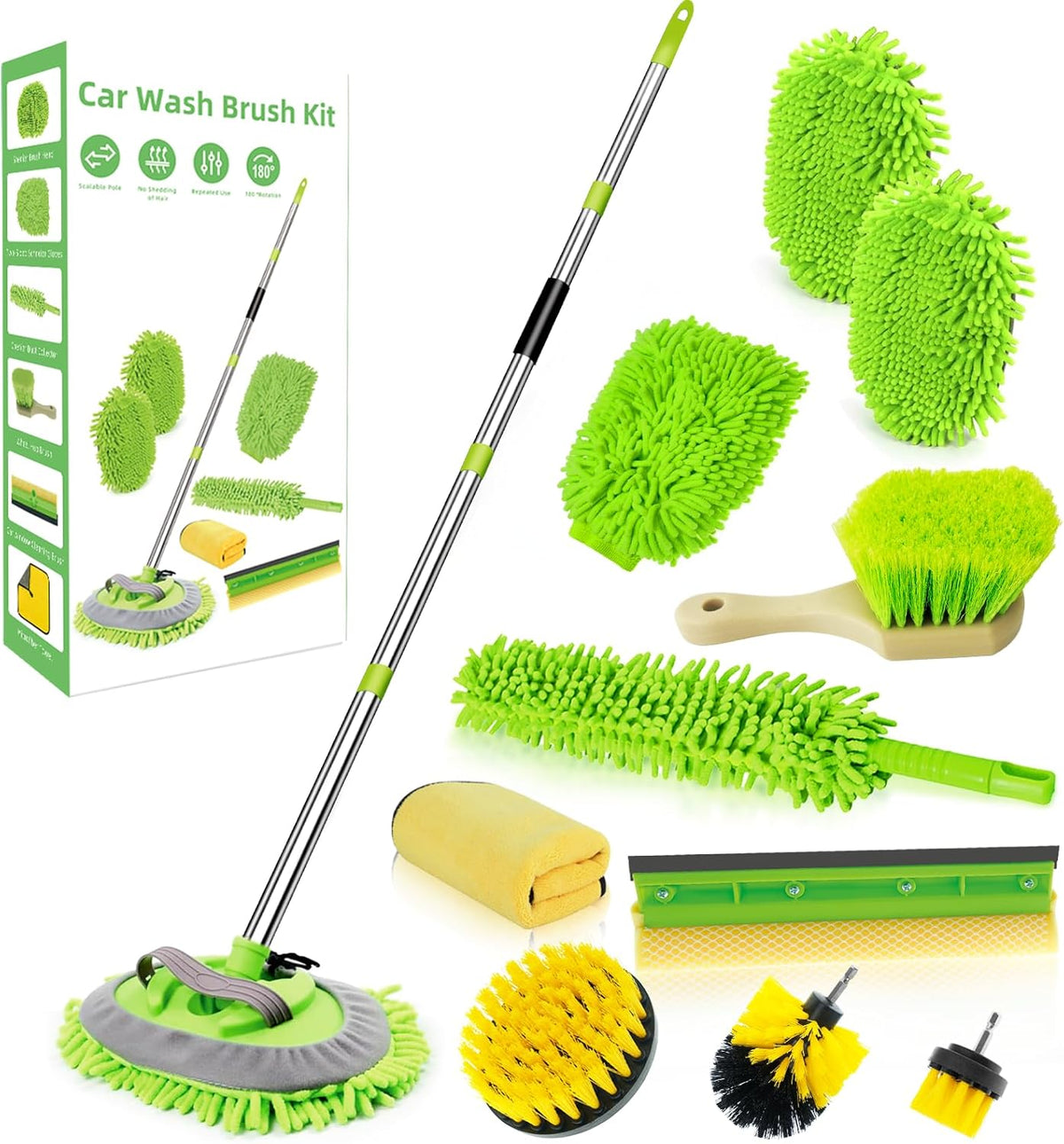 62" Car Wash Brush with Long Handle Chenille Microfiber Car Wash Mop Mitt, Wheel Brush, Windshield Window Squeegee, Car Duster Microfiber Towel, Gloves, for Cleaning Cars, RV, Truck, Boat