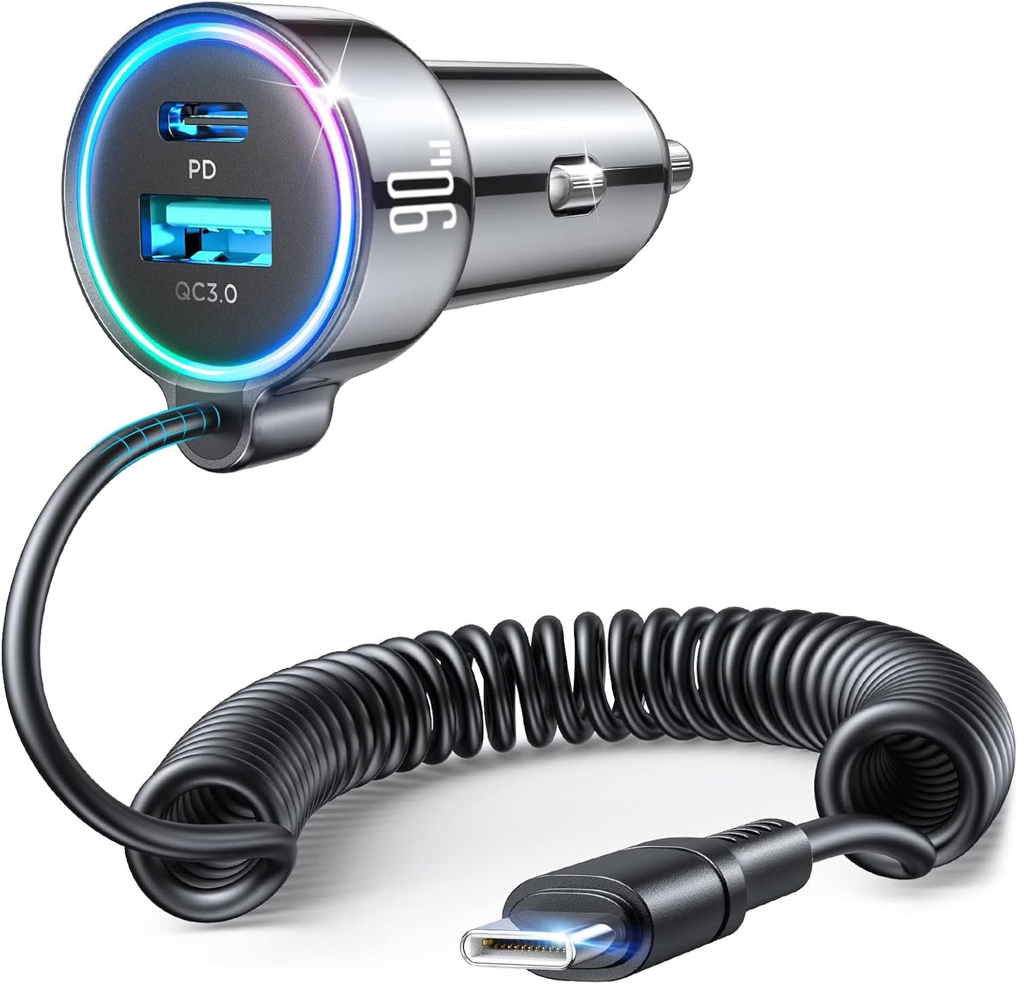 USB C 90W Car Charger for iPhone 17/16 Pro Max, PD & QC3.0 w/5 ft 45W Type Coiled Cable, Fast Car Phone Charger Adapter for iPhone 17Air/15 Pro, Samsung Galaxy S26/S25/S24, Pixel 10/LG/Android, iPad