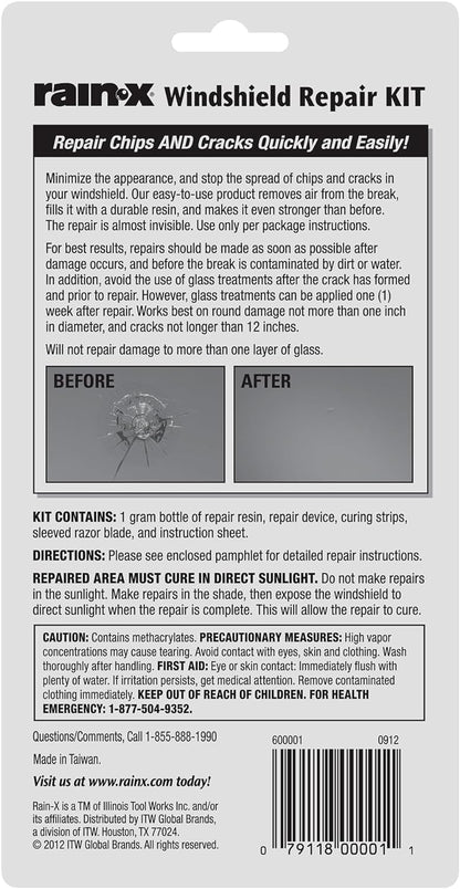 Rain-X 600001 Windshield Repair Kit - Quick and Easy Durable Resin Based Windshield Repair Kit for Chips and Cracks, Good for Round Damage Below 1" in Diameter and Cracks Smaller Than 12" in Length
