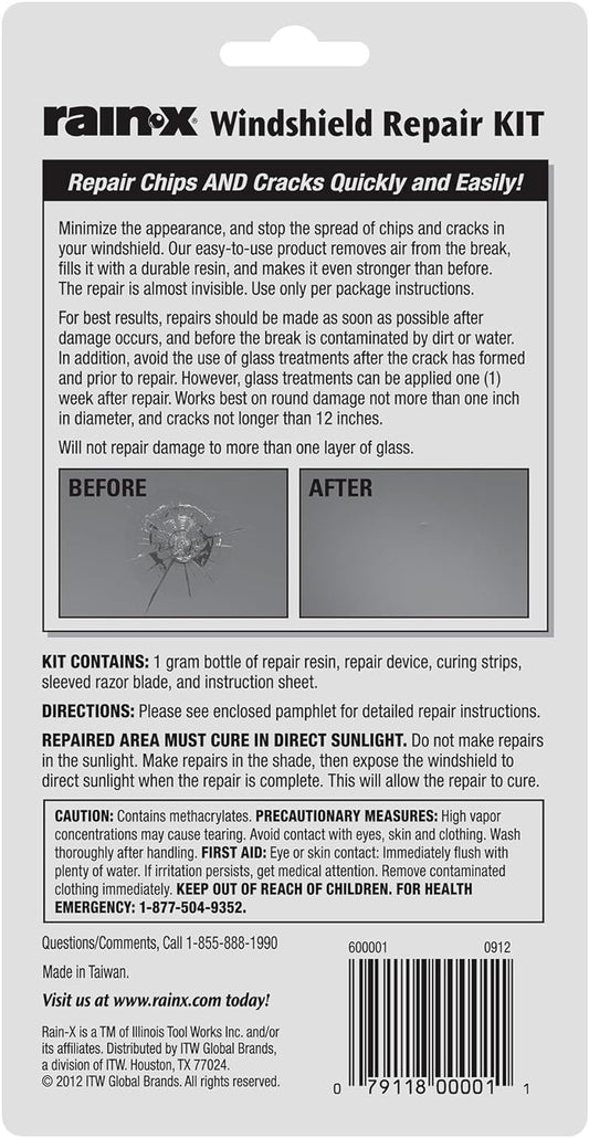 Rain-X 600001 Windshield Repair Kit - Quick and Easy Durable Resin Based Windshield Repair Kit for Chips and Cracks, Good for Round Damage Below 1" in Diameter and Cracks Smaller Than 12" in Length
