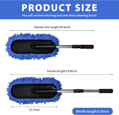 2 PCS Microfiber Car Dusters, Scratch Free Auto Exterior Dust Brust Set with Extendable Duster, Multipurpose Soft Brushes Dusting Supplies for Cars Trucks SUVs Motorcycles (Blue)