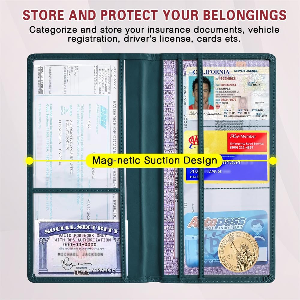 Car Registration and Insurance Holder, Registration and Insurance Card Holder, Auto Glove Box Organizer with Magnetic Shut, PU Leather Automobile Documents Wallet for Cards (Dark Green)