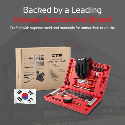 CTR Heavy Duty Tire Plug Kit - 68pcs All-in-One Universal Tire Repair Kit with Plugs, Professional Tools for Tubeless Tyre Flats for Cars, Truck, RV, SUV, ATV, Motorcycle, Tractor, Trailer - GE0001
