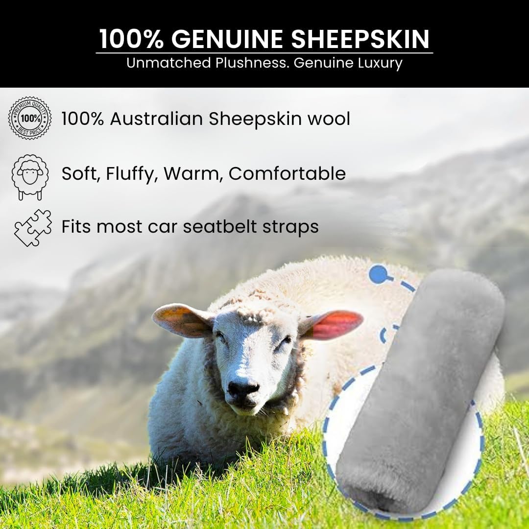 Andalus Brands 2 Pack Genuine Merino Wool Sheepskin Seat Belt Cover – Soft Shoulder Pad, Neck Cushion Protector – Authentic Car Accessories (Pearl)