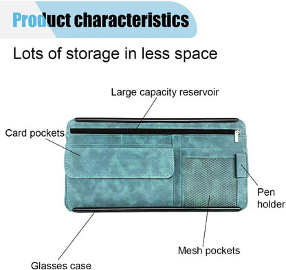 Suede Car Sun Visor Organizer with Multi-Pocket Net Zipper, Glasses Case, Sunglass Holder (Grey)