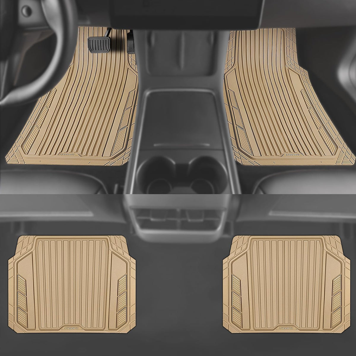 CAR PASS Heavy Duty Rubber Car Mats Metallic, Aluminum Film All Weather Floor Mats Waterproof Universal Trim to Fit Automotive SUV Sedan Van 4 Piece Anodized Deep Dish Two-Tone Sporty Black Red Chrome