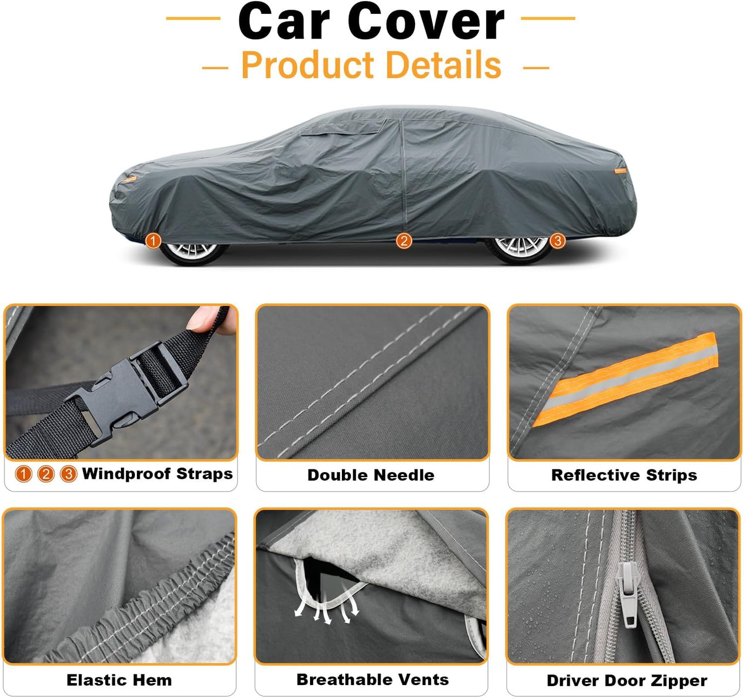 GUNHYI 16 Layers Car Cover Waterproof All Weather, Heavy Duty Outdoor Car Cover Universal Fit Sedan Toyota Camry, Tesla Model 3, Honda Accord, Nissan Altima, Kia K5/Stinger, Hyundai Sonata etc.
