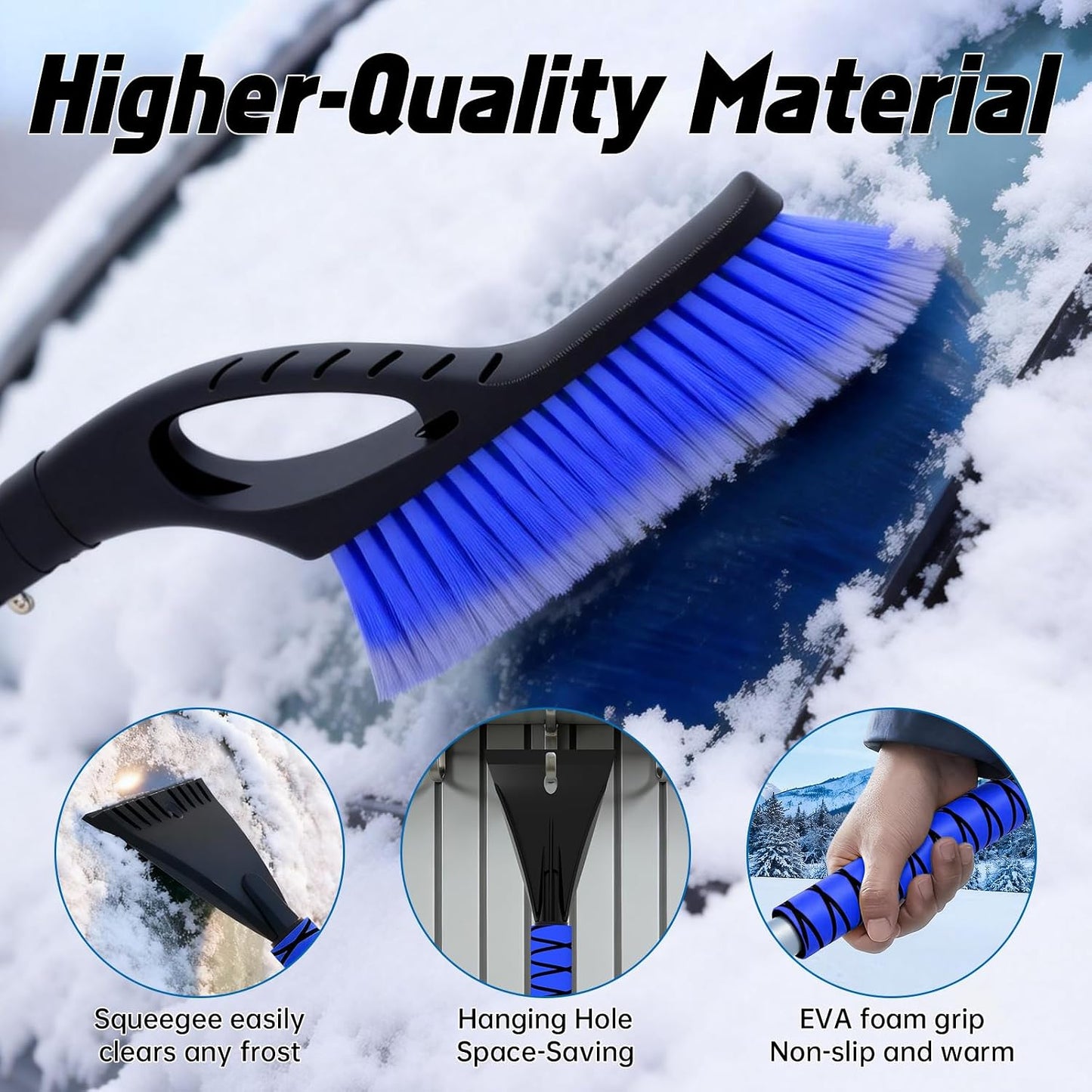 Snow Brush - Ice Scrapers for Car, 27" Detachable Snow Scrapers with Ergonomic Foam Grip for Cars, Trucks, Suvs (Heavy Duty ABS, PVC Brush, Blue)