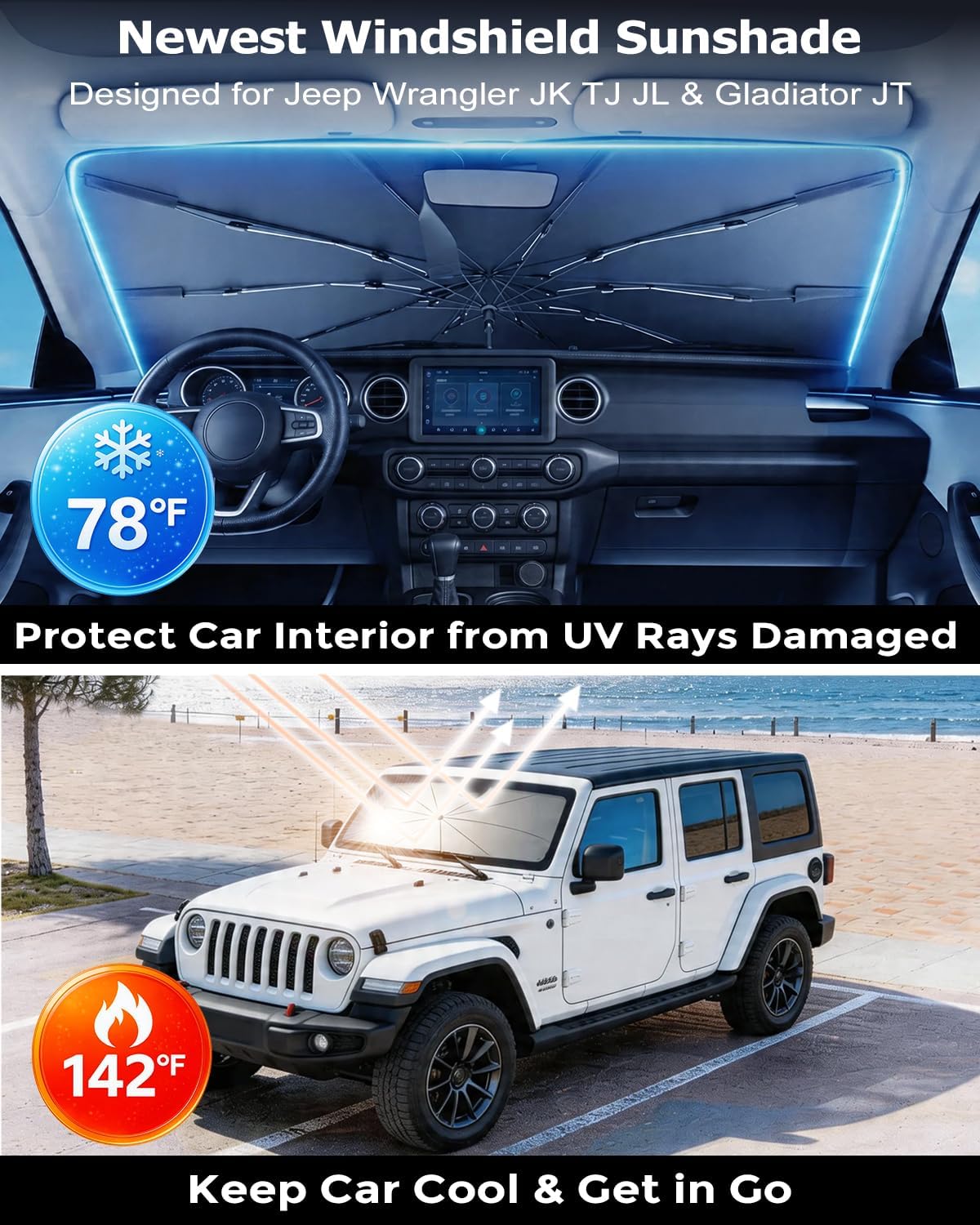 DMJN Umbrella Windshield Sun Shade - Medium, Car Sunshade for Front Windshield [Nano Ice-Crystal Coatings] UPF50+ Heat & UV Block, Protect Interior & Keep Cooler Universal for Car, SUV, Truck