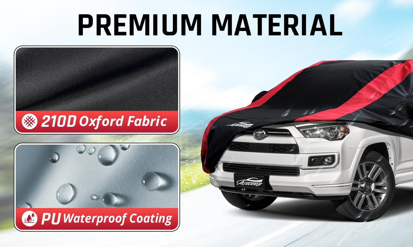 Car Cover Waterproof All Weather Protection with Red Stripe Design, Universal Fit Toyota Camry Solara, Ford Fusion, Kia Stinger Optima, Nissan Maxima, VW Passat, Subaru Legcy