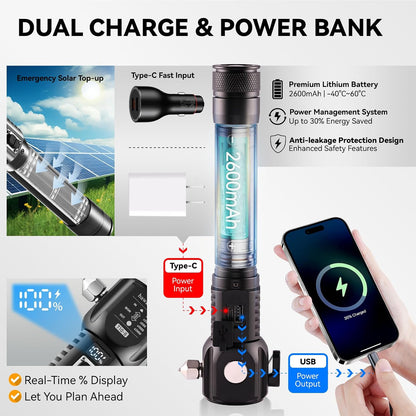 18-in-1 Car Emergency Flashlight, Window Breaker Seatbelt Cutter | 800LM solar/usb flashlight, magnetic base, emergency power bank, electric lighter, 120dB alarm & compass. Ideal driver gift