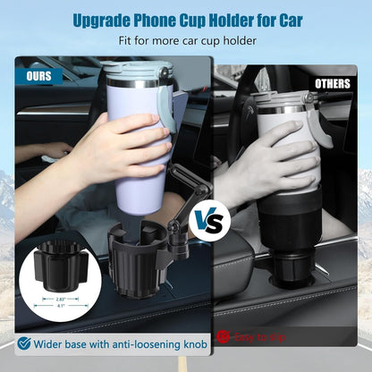 Phone Holders for Your Car Cupholder, 2 in 1 Cell Phone Holder Mount with Cup Holder Expandable Base, 360 Degree Rotating Neck, Fits All 4-7" Smartphones and Most Bottles, 1 Pack