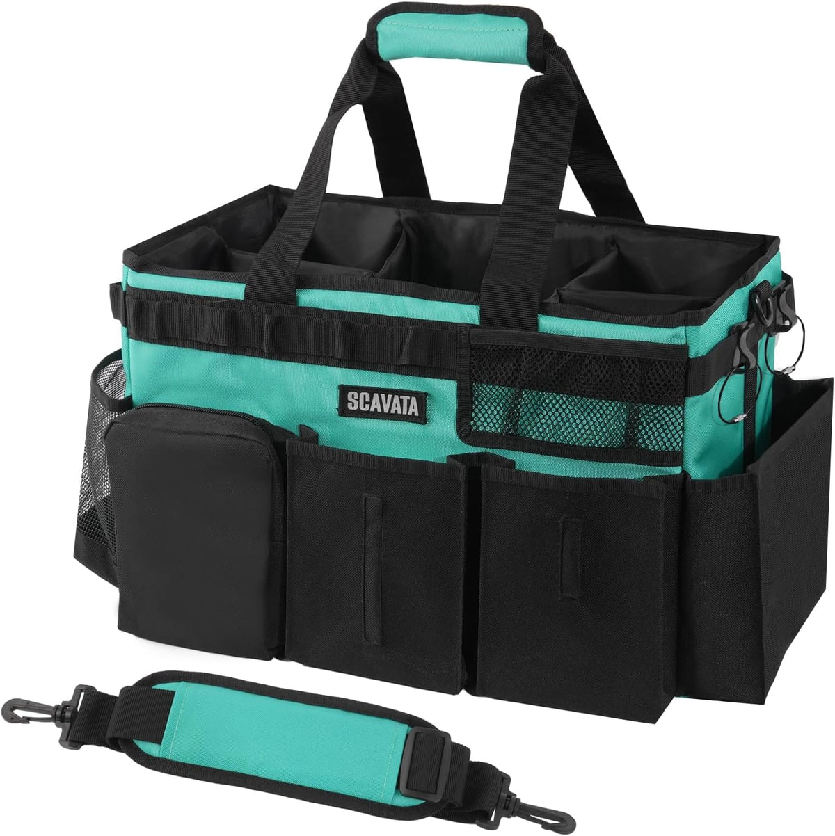 SCAVATA Wearable Cleaning Caddy Bag, Supplies Organizer with Handle & Shoulder Straps for Housekeepers, Under Sink & Car Cleaning Tool Organizer with 4 Foldable Dividers (Black)