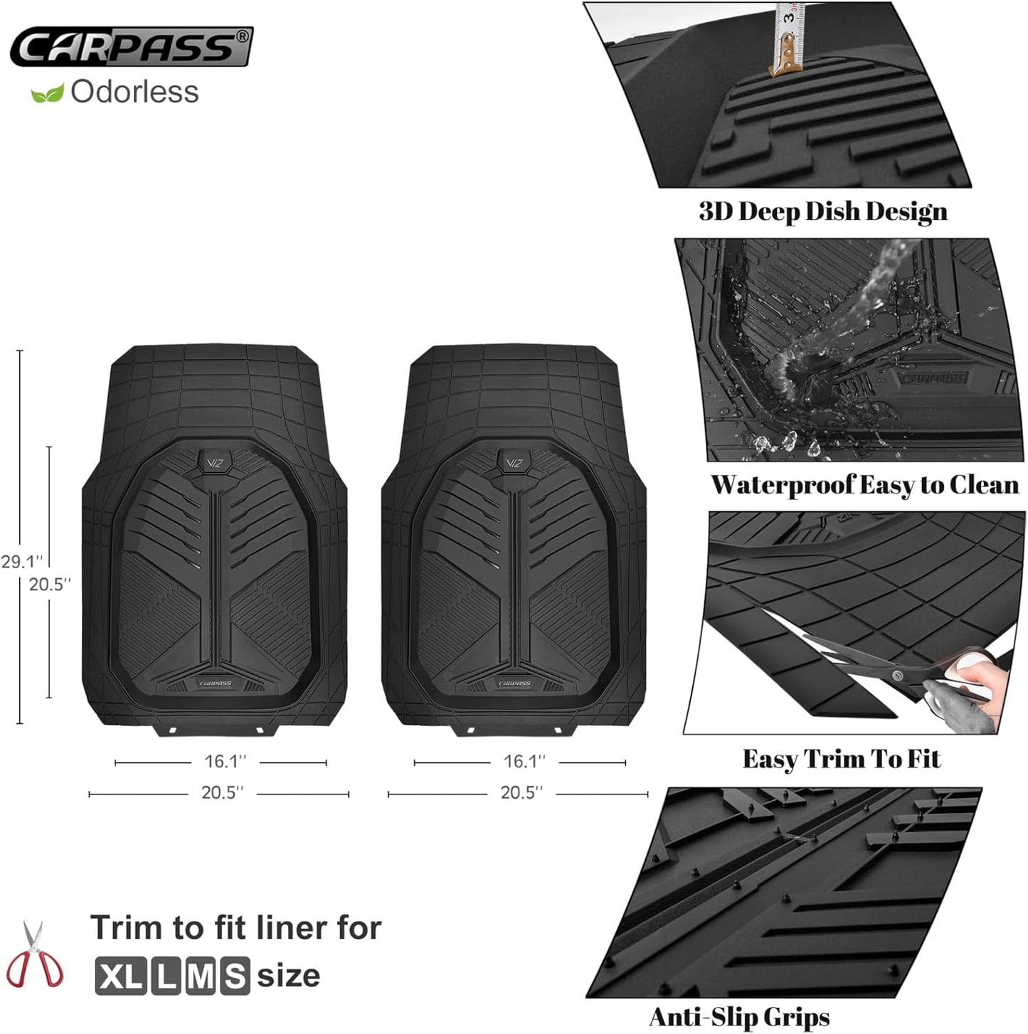 CAR PASS Heavy Duty Rubber Car Mats with Cargo Liner, Deep-Dish Car Floor Mats and Trunk Mat All Weather, Universal Trim-to-Fit for SUVs Trucks Sedans, Waterproof Anti-Slip, Trimmable V12 Black