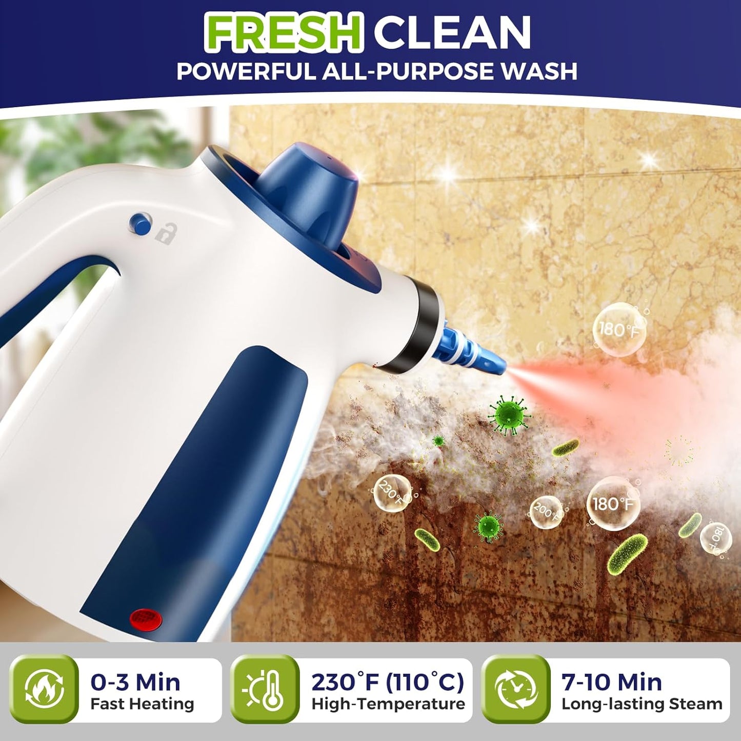 Handheld Steam Cleaner, 230°F Pressurized Steamer with No Water Spitting & Continuous Steam, 350ML Chemical-Free Deep Cleaning for Grease & Grime, 12 Accessories for Grout, Bathroom, Kitchen & Car