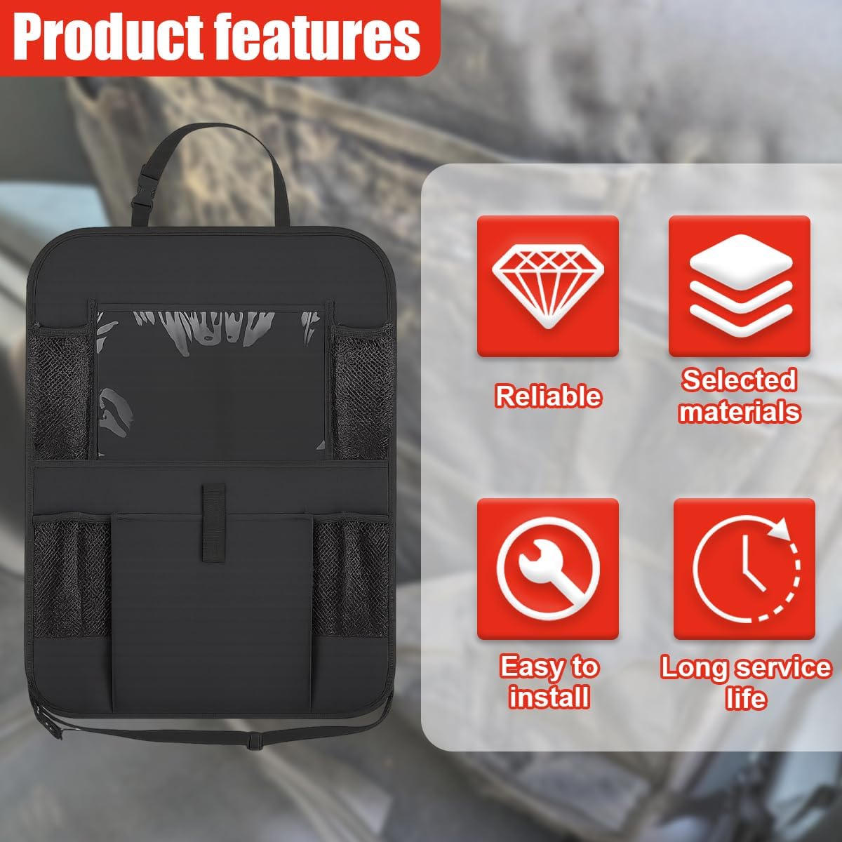 2PCS Car Backseat Organizer, Waterproof Oxford Fabric Car Seat Protector with 10" Touch Screen Tablet Holder and 5 Storage Pockets, Universal Auto Kick Mats Road Trip Accessories (Black)