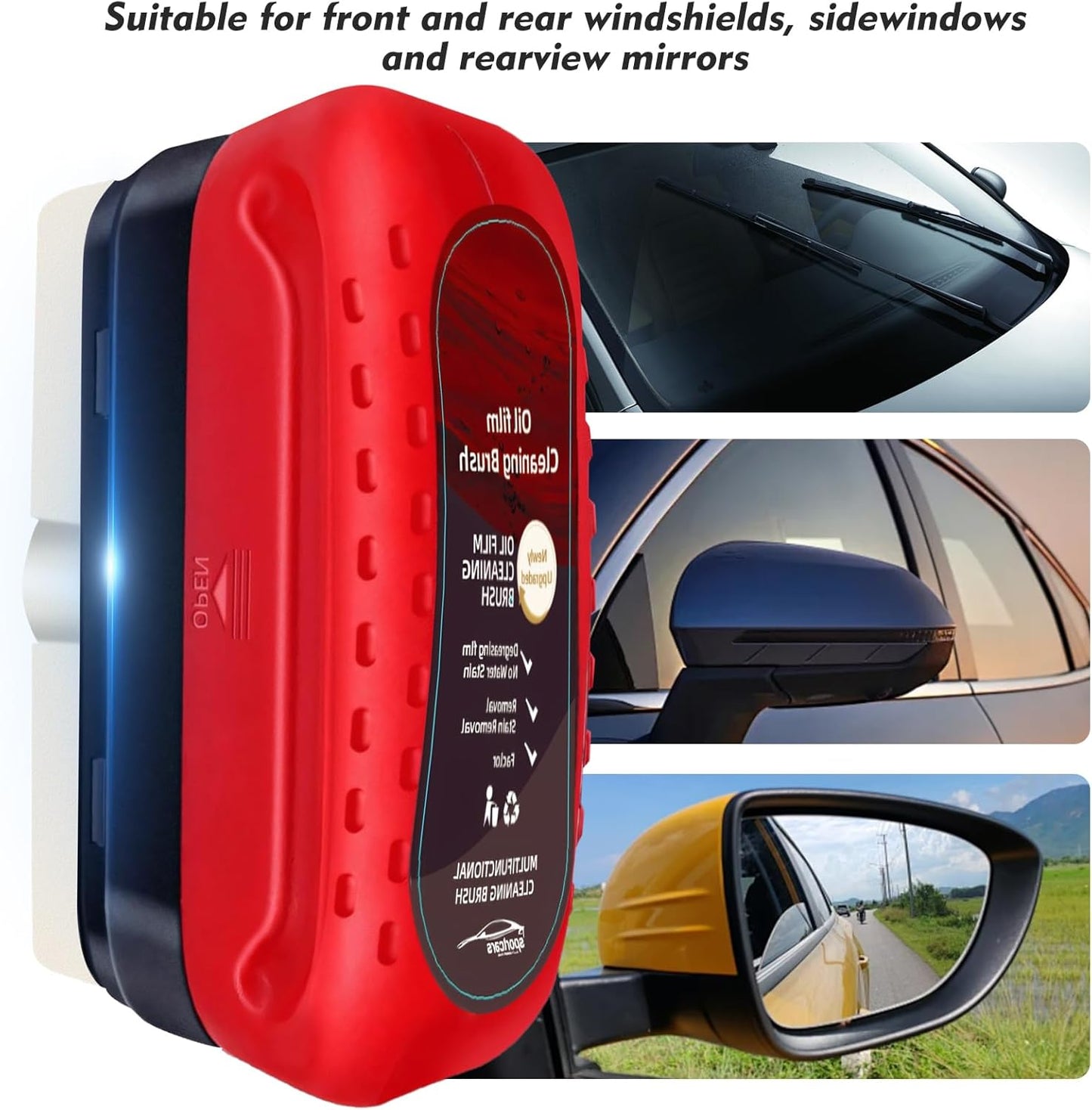 Automotive Oil Film Cleaning Brush with Reusable Foam Sprayer, Upgraded Antifog Glass Cleaning Board, Glass Oil Film Remover for Car Windows & Windshields, Versatile Car Glass Cleaner Brush (Red)