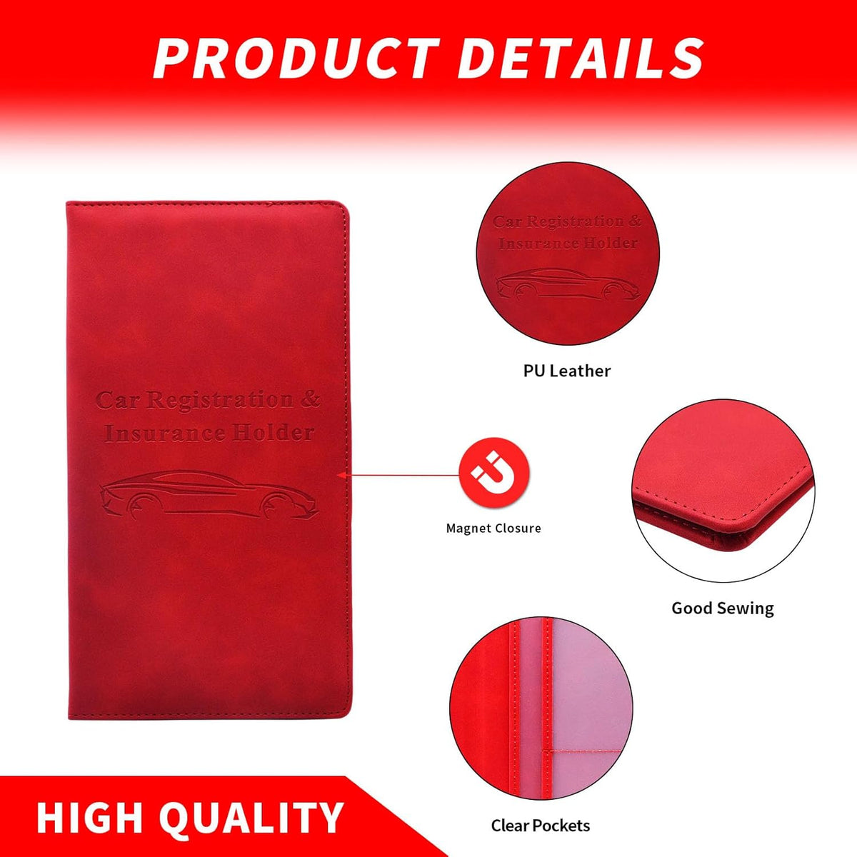 Car Registration and Insurance Card Holder - Vehicle Glove Box Document Organizer - Premium PU Leather Wallet Case - Driver License - Pink