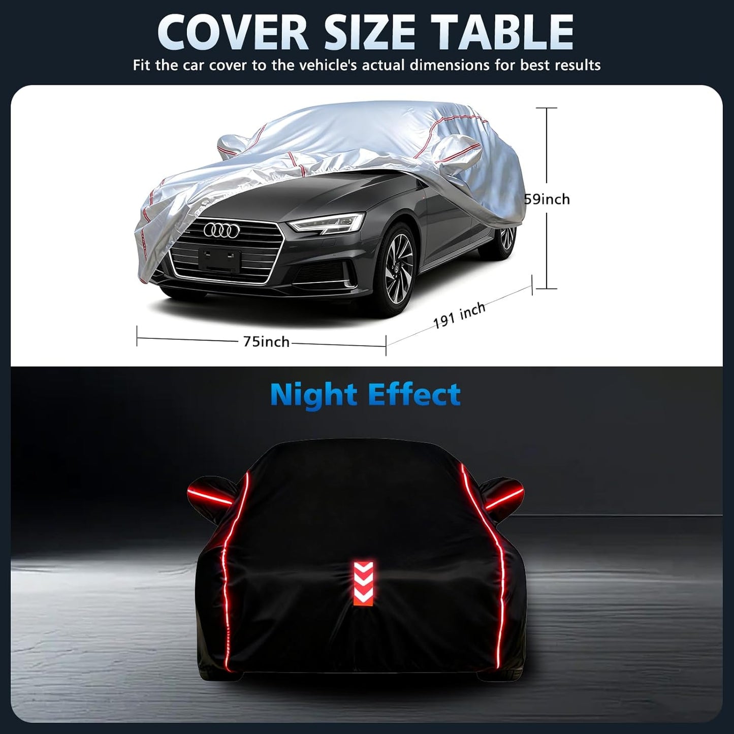 Car Cover for Sedan, Waterproof All Weather Heavy Duty, 360° Underbody Wrap Windproof Design, Quick Install Outdoor Vehicle Cover, Fits 186-193 in