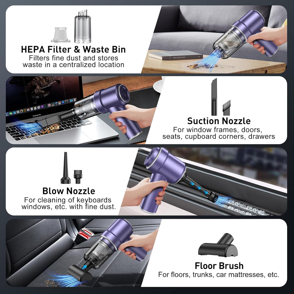 KMM Handheld Car Vacuum Cleaner, 9000Pa Vacuum Cleaner and Air Duster, 120W High Power Hand Held Vacuum with LED Light and Multi-Nozzles for Car, Home, Office, Pet