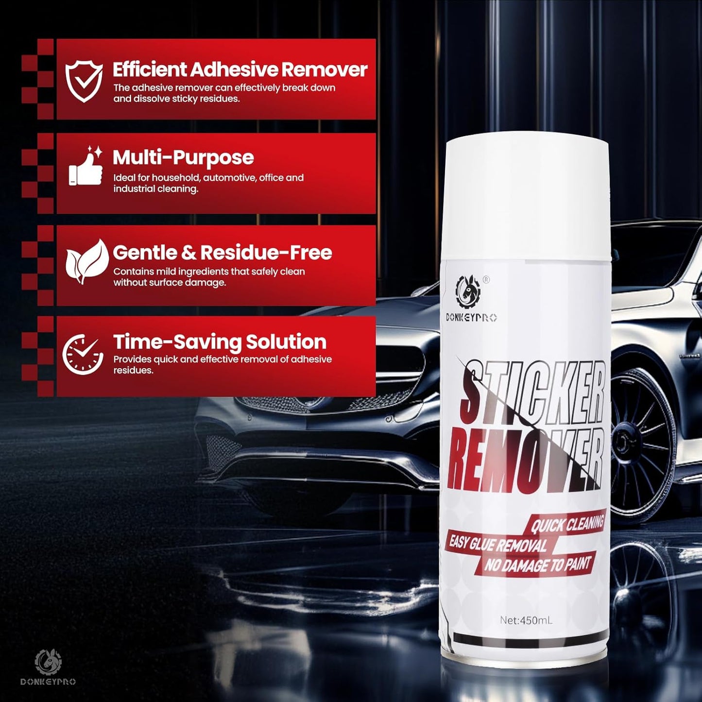 DONKEYPRO Tree Sap Remover for Car -15 fl.oz Sticker Remover Spray with Scraper, Quickly Dissolves Sticky Residue, Glue, Tape, Labels, Decals, Bug, Insect Residue, Tar, Wax on Paint & Glass