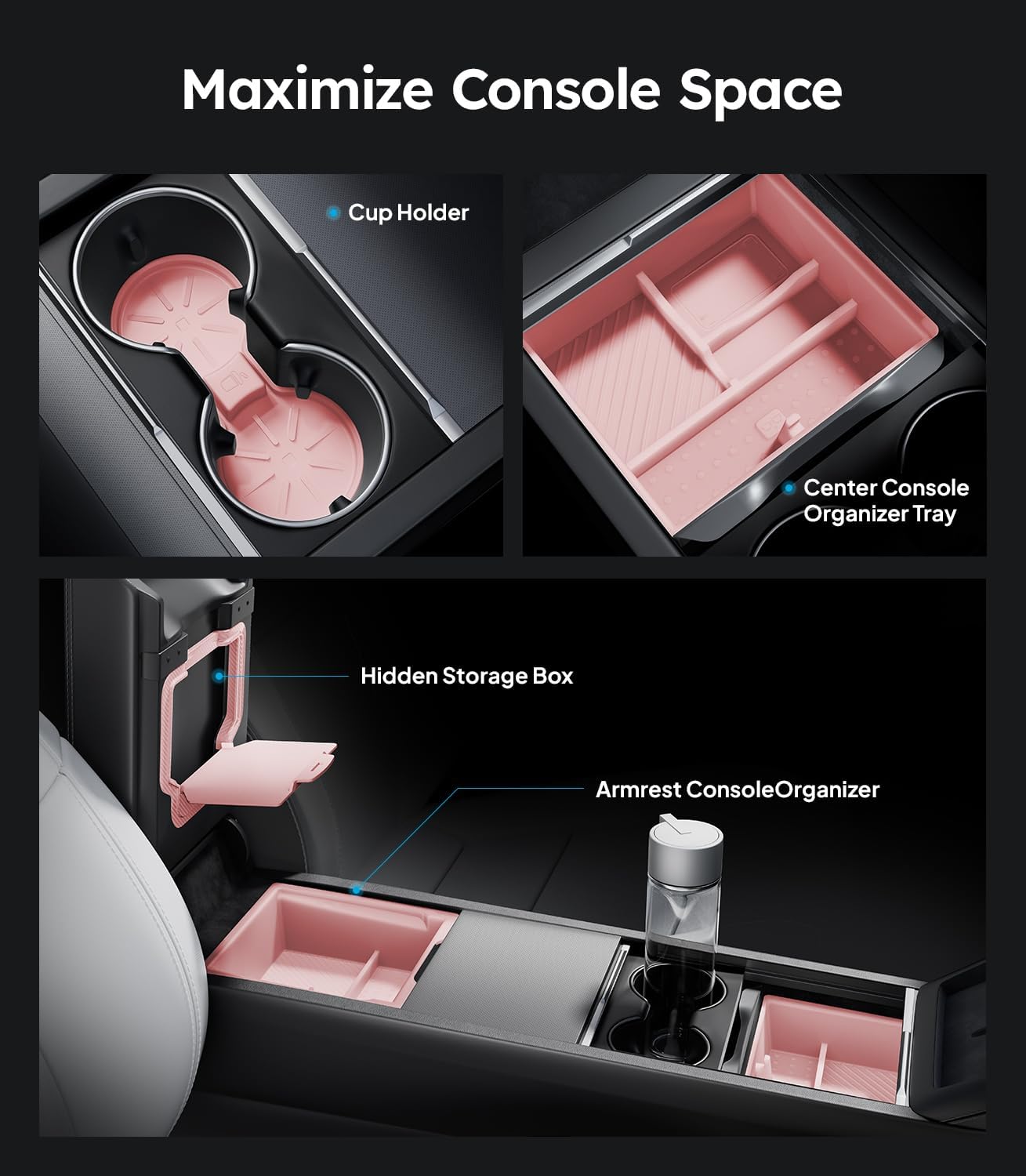 Wigoo Center Console Organizer for Tesla Model Y Juniper (Only Premium & Performance 2025 2026) and All Model 3 Highland Accessories [Double-Layer Storage, Smooth Sliding] 4PCS Black