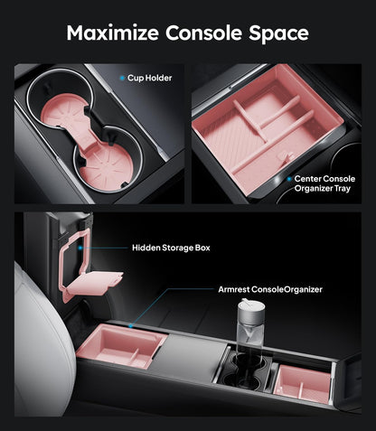 Wigoo Center Console Organizer for Tesla Model Y Juniper (Only Premium & Performance 2025 2026) and All Model 3 Highland Accessories [Double-Layer Storage, Smooth Sliding] 4PCS Black