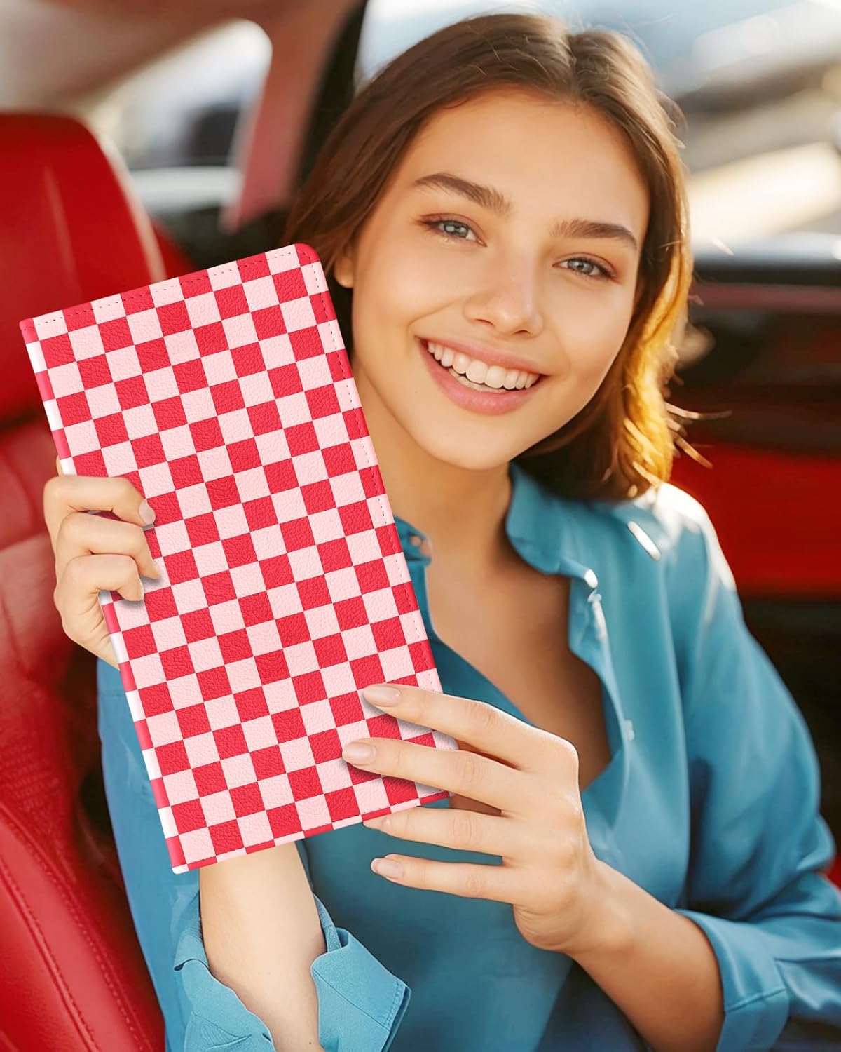 Slohif Car Registration and Insurance Card Holder with Magnetic Shut - Vehicle Glove Box Organizer Women Leather Automobile License Holders Coasters Auto Accessories Case for Document,Strawberry