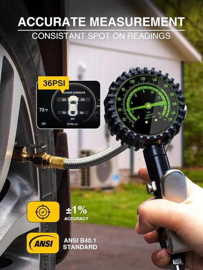 AZUNO Digital Tire Inflator with Pressure Gauge, 200 PSI, Heavy Duty Air Compressor Accessories, with Rubber Hose Lock on Air Chuck and Quick Connect Coupler, Comes with a Portable Carrying Box