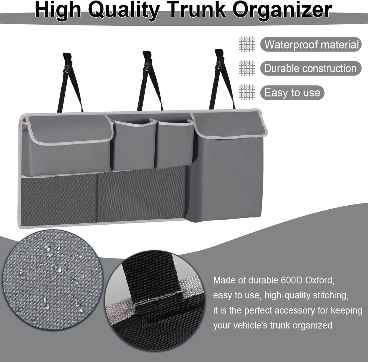 UYYE Trunk Hanging Organizer, Backseat Bag, Car Interior Accessories with 4 Pockets & 2 Mesh Pouches for Groceries, Will Provide More Storage Trunk Space for SUV, Jeep, MPVs