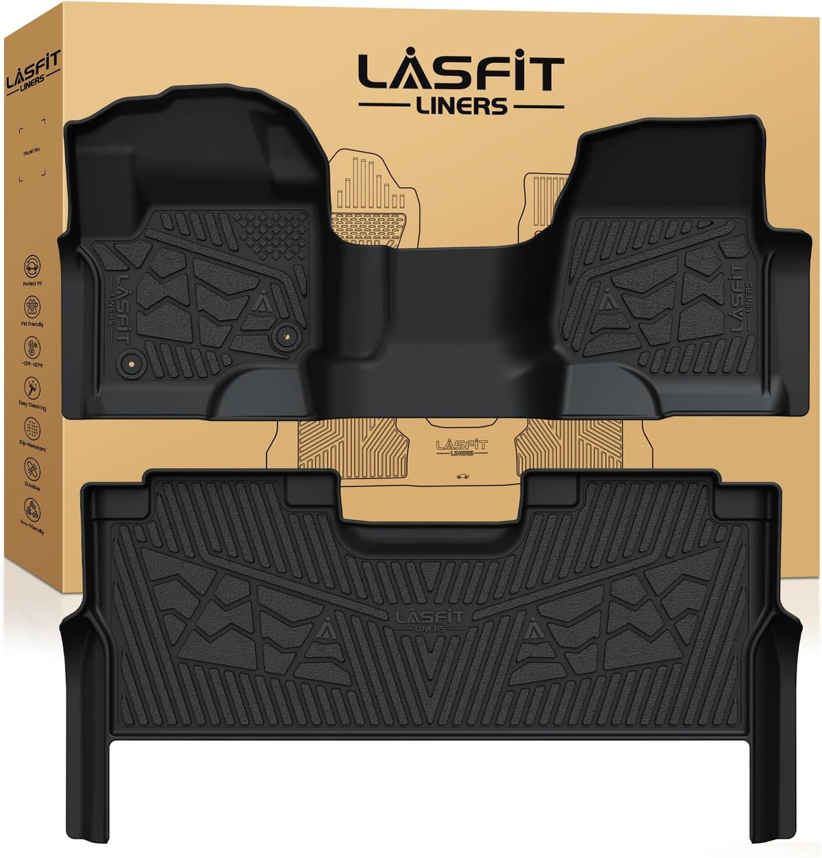 LASFIT Floor Mats for Ford F-150 2021-2026 | F150 Lightning 2022-2025 SuperCrew (Rear w/Fold Flat Storage) Carpet Floor All Weather Car Liners TPE Truck Mats - 1st and 2nd Row, 3pcs Black