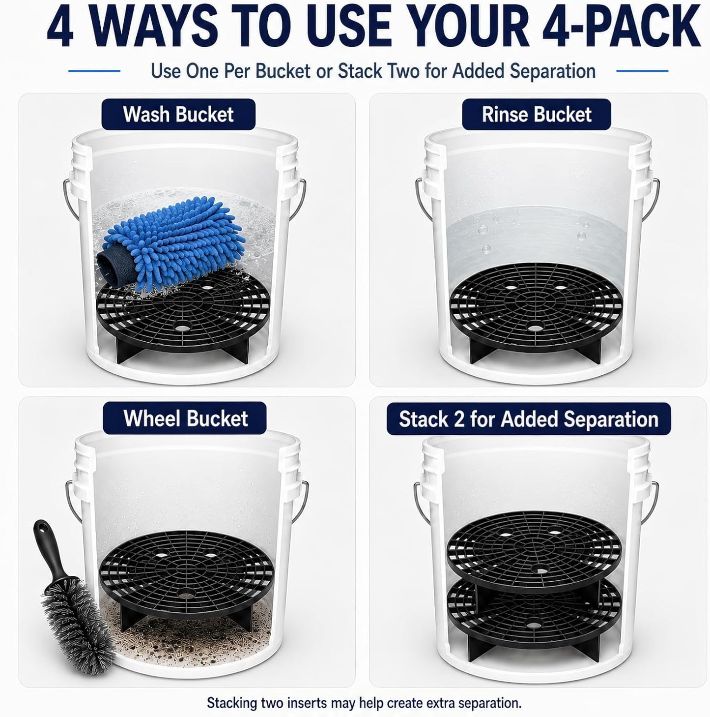 Kingrol 4 Pack Car Wash Bucket Grit Guard Inserts, 10.24" Automotive Bucket Dirt Trap for 3-5 Gallon Buckets, Wash Mitt Grit Separator with Finger Holes for Car Detailing, Black