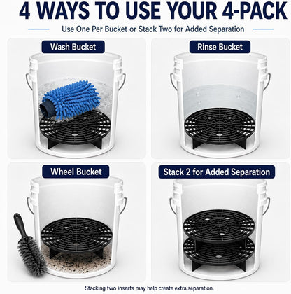Kingrol 4 Pack Car Wash Bucket Grit Guard Inserts, 10.24" Automotive Bucket Dirt Trap for 3-5 Gallon Buckets, Wash Mitt Grit Separator with Finger Holes for Car Detailing, Black