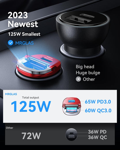 【Upgraded】 125W Car Charger USB C Super Fast Charging, [PD65W & QC60W][All Metal] MRGLAS Cigarette Lighter Car Charger, Car Electrical Accessories for iPhone 17 Pro Max iPad Samsung S26 S25 Pixel 10