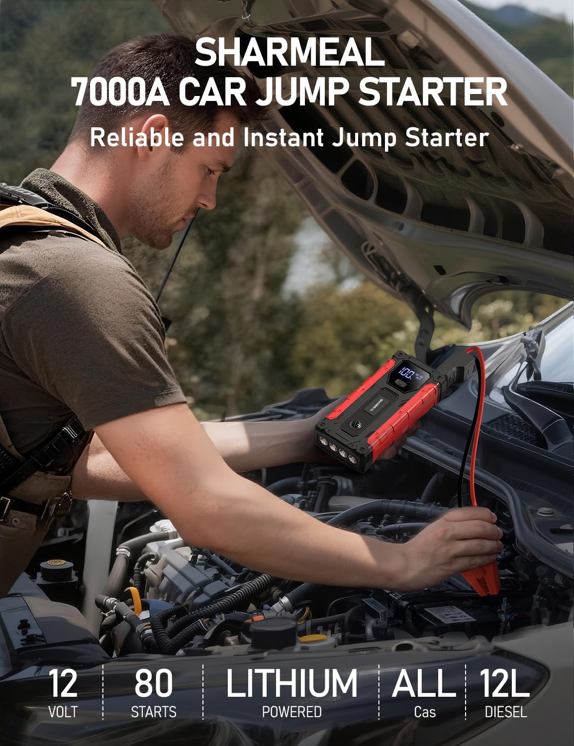 Sharmeal Car Jump Starter 5000A, Jump Starter Battery Pack for 10.0L Gas and 9.0L Diesel, 12V Portable Jump Box with LED Light