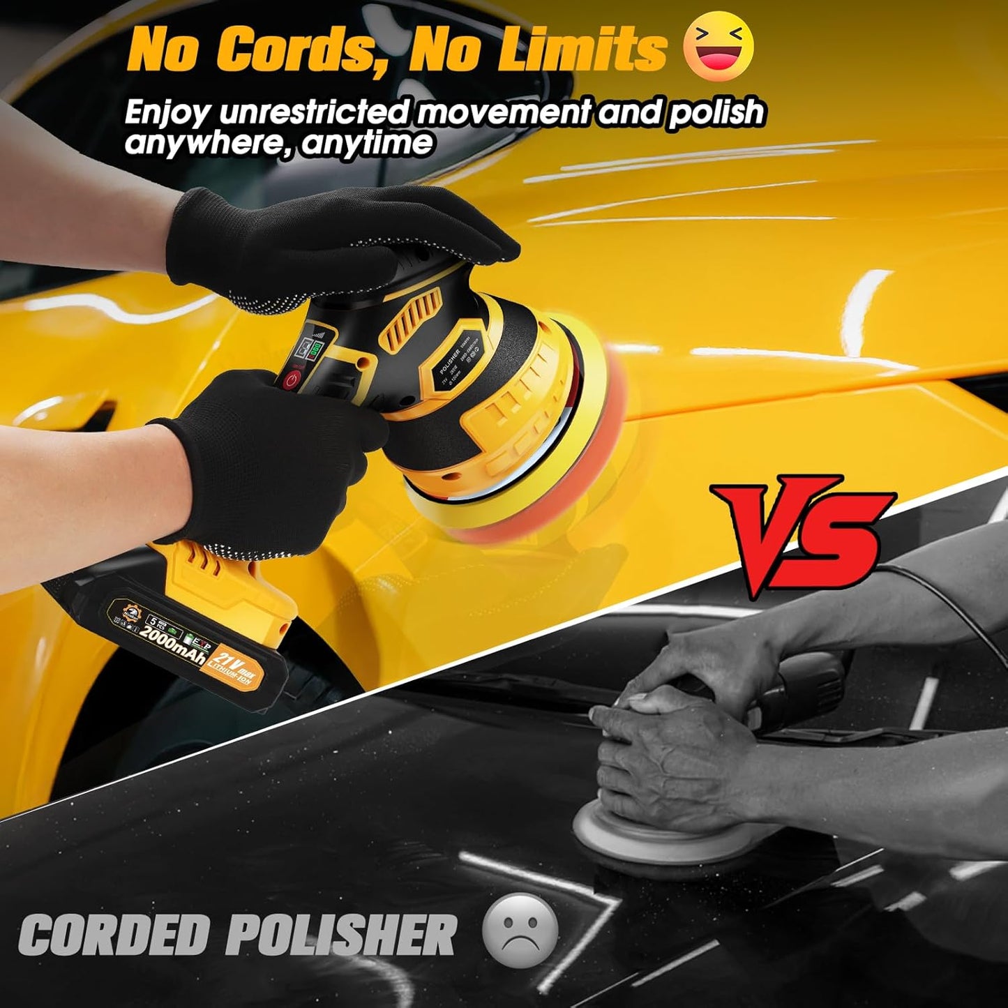 Cordless Car Buffer Polisher kit [2x 2000mAh 21V Batteries & 18 PCS Attachments] 6-Speed Orbital Design, LED Display, Lightweight Detailing Tool for Waxing, Polishing & Scratch Removal-Yellow