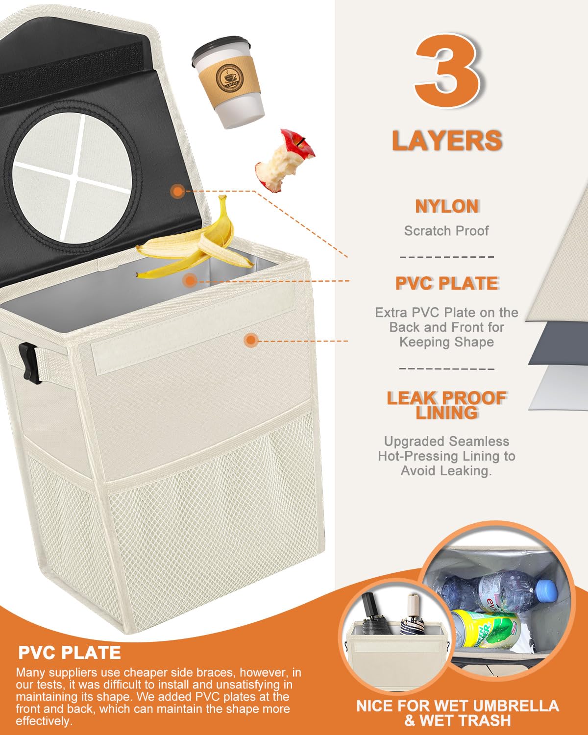 Pritent Car Trash Can with Lid, Cute Leakproof Car Trash Garbage Bag Hanging Vehicle Trash Bin Small Portable Automotive Garbage Cans Organizer for Back/Front Seat/Console(Trapezoid,Black)