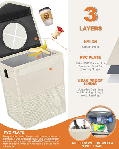 Pritent Car Trash Can with Lid, Cute Leakproof Car Trash Garbage Bag Hanging Vehicle Trash Bin Small Portable Automotive Garbage Cans Organizer for Back/Front Seat/Console(Trapezoid,Black)