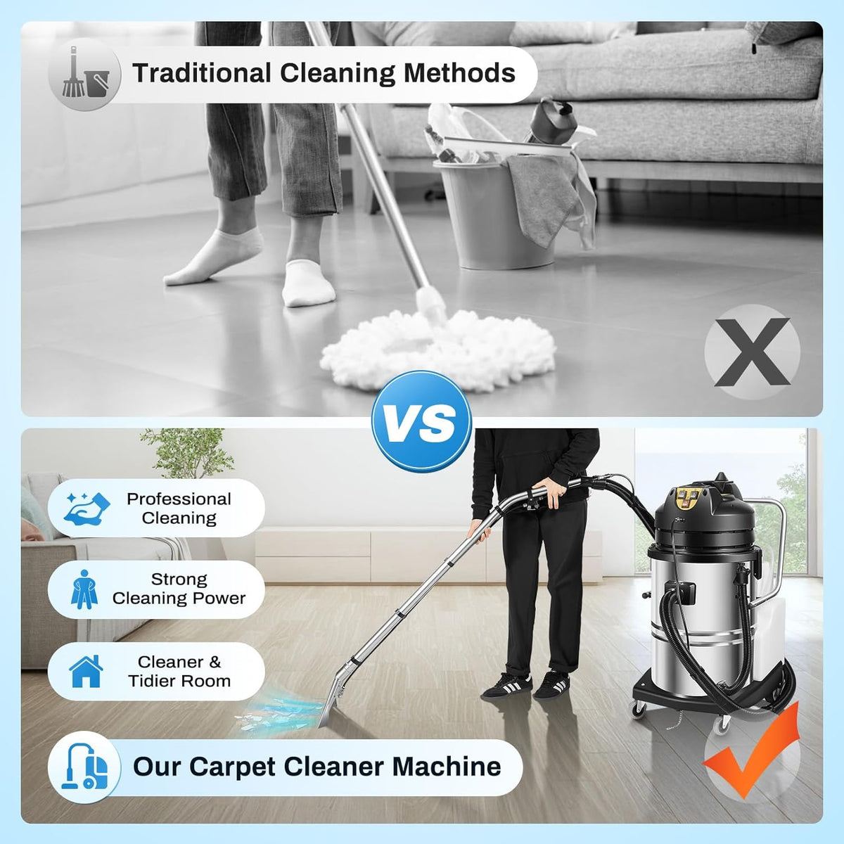 40L/10.6Gal Commercial Carpet Cleaner Machine, 3-in-1 Heavy Duty Extractor Vacuum with 1049W Power & 230mbar Suction, Professional Upholstery Cleaner for Sofa Curtain Car, Stainless Steel Wet Dry Vac