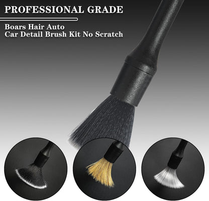 Detailing Brush Set -5 Different Sizes Premium Natural Boar Hair Mixed Fiber Plastic Handle Automotive Detail Brushes for Cleaning Wheels, Engine, Interior, Air Vents, Car, Motorcy