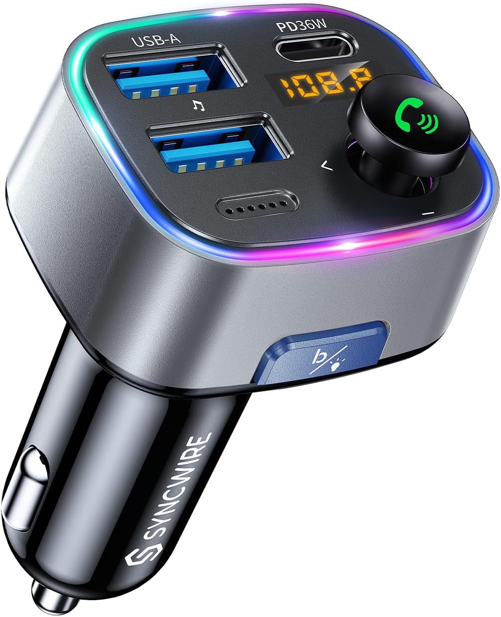 Syncwire Bluetooth 5.4 FM Transmitter Car Adapter 48W (PD 36W & 12W) [Light Switch] [HiFi Bass Sound] [Fast Charging] Wireless Radio Music Adapter LED Display Hands-Free Calling Support USB Drive