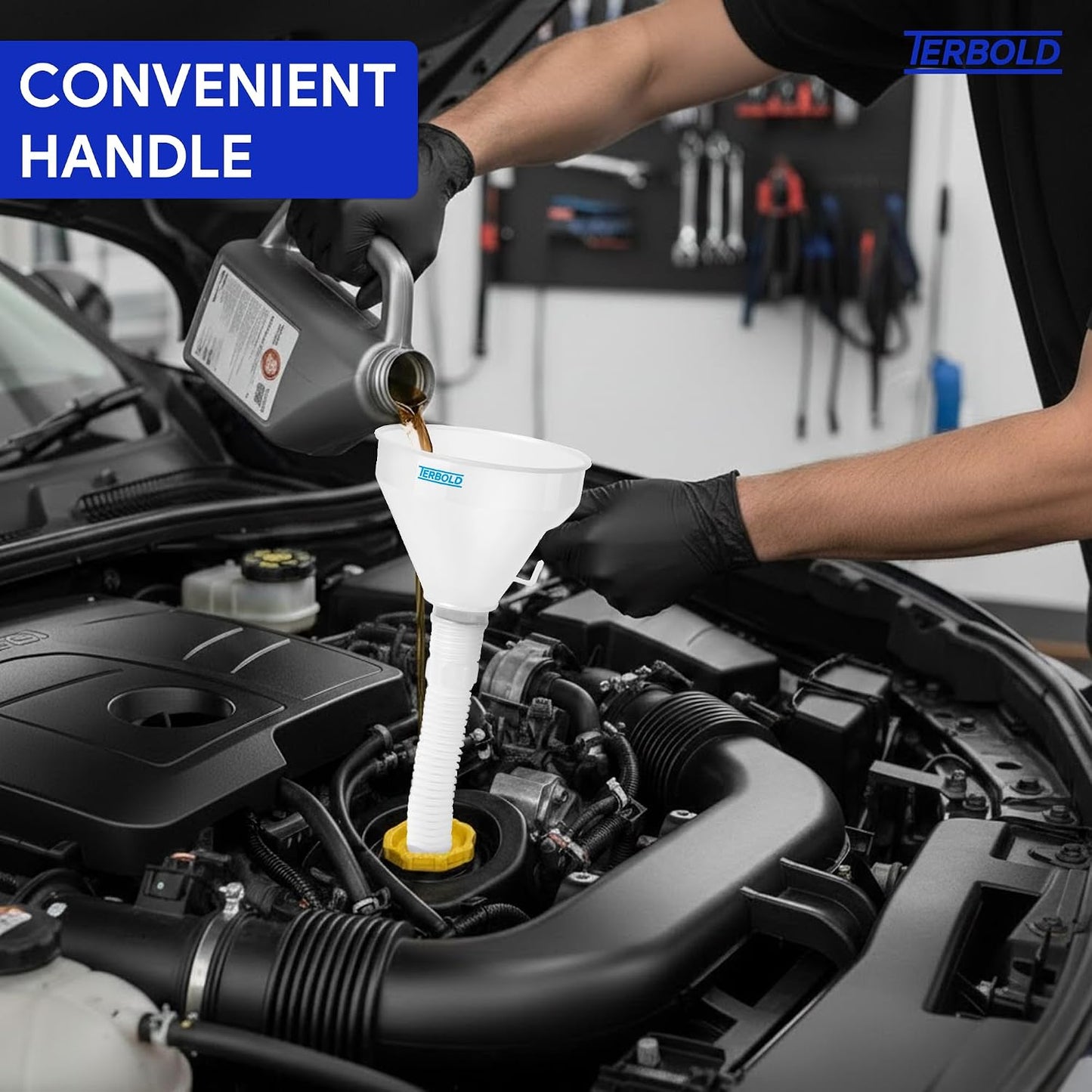 Automotive Flex Funnel with Hose | Wide Mouth Flexible Oil Funnel for Automotive Use - Gas, Transmission Fluid, Car Fuel, Oil Change (Blue)