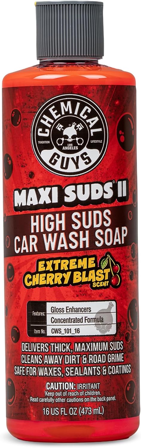 Chemical Guys Maxi Suds II Foaming Car Wash Soap – High Foam Car Wash Soap, Cherry Scent Shampoo and Gloss Booster for Foam Cannons, Guns or Buckets – Gentle, Safe for Trucks, SUVs, and RVs, 64 oz