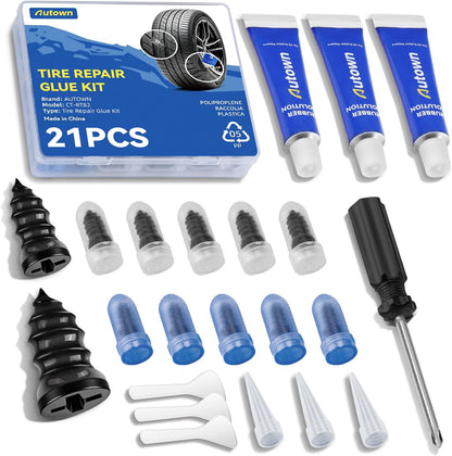 AUTOWN 21PCS Tire Repair Rubber Nail Kit - Complete Screw Plug Kit with Glue, Fast Fix for Flat Tires on Car, Truck, Motorcycle, SUV & More